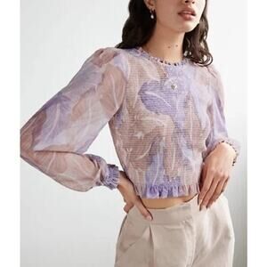 Wilfred x Aritzia Women's Tempest Blouse Smocked Floral Ruffle Trim Puff Sleeves